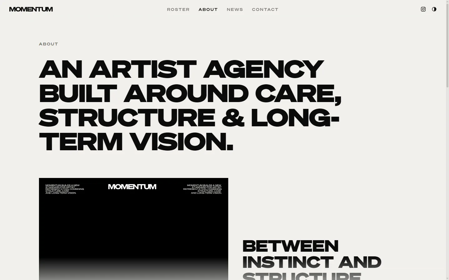 Page About de Momentum : titre « An artist agency built around care, structure & long-term vision » en capitales noires sur fond papier.