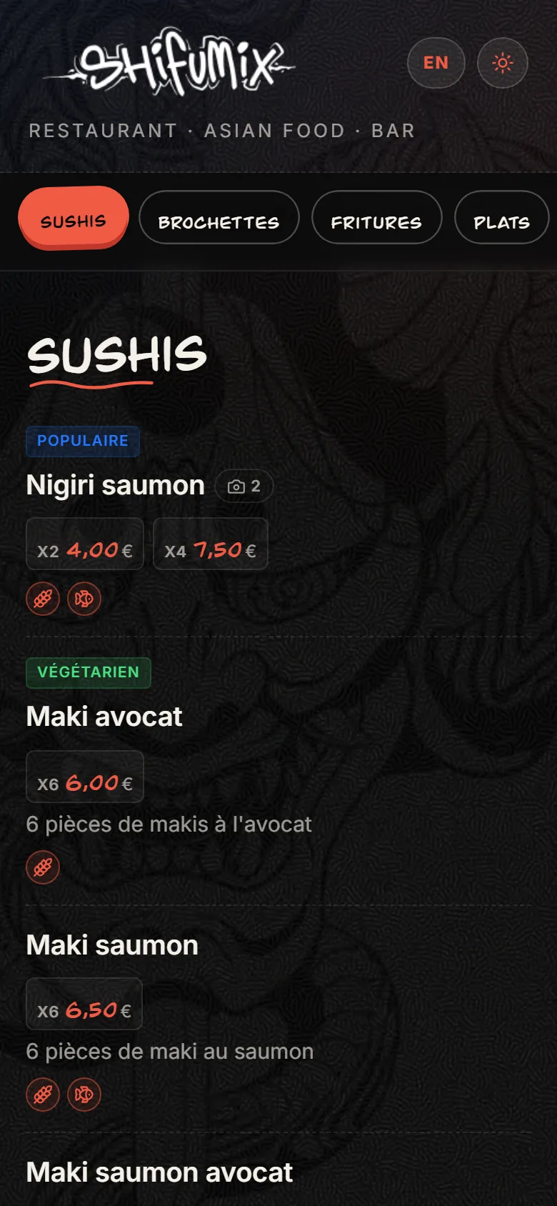 Carte de Shifumix sur téléphone : logo tagué, onglets de catégories et sushis avec leurs prix.
